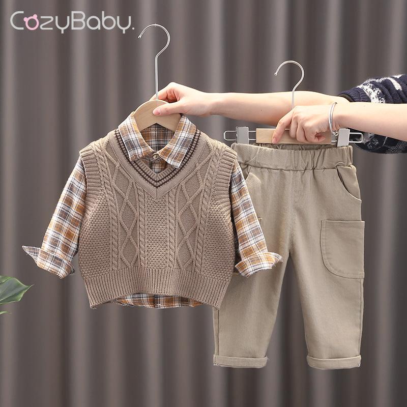 Set Áo Sweater Dệt Kim Không Tay Phối Áo Sơ Mi Dài Tay Kiểu Hàn Quốc Dễ Thương Cho Bé Trai