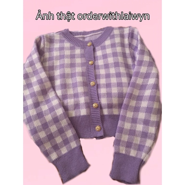 Set chân váy, áo khoác cardigan và áo hai dây len caro Tím