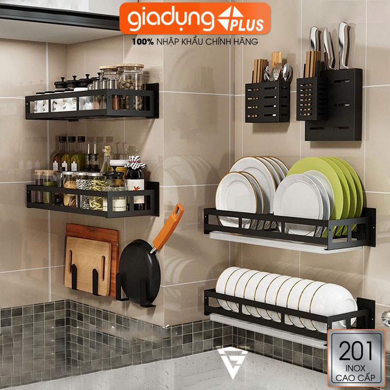 Kệ giá phòng bếp inox dán tường đựng gia vị, chén, đĩa, chai lọ, dao, đũa đa năng không cần khoan tường (tặng kèm keo)