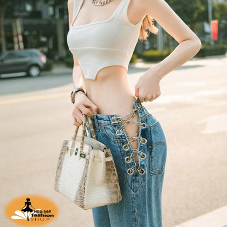 Quần Jeans Ngọc Trinh ống rộng chất mát không nhàu, đan lưới cá tính