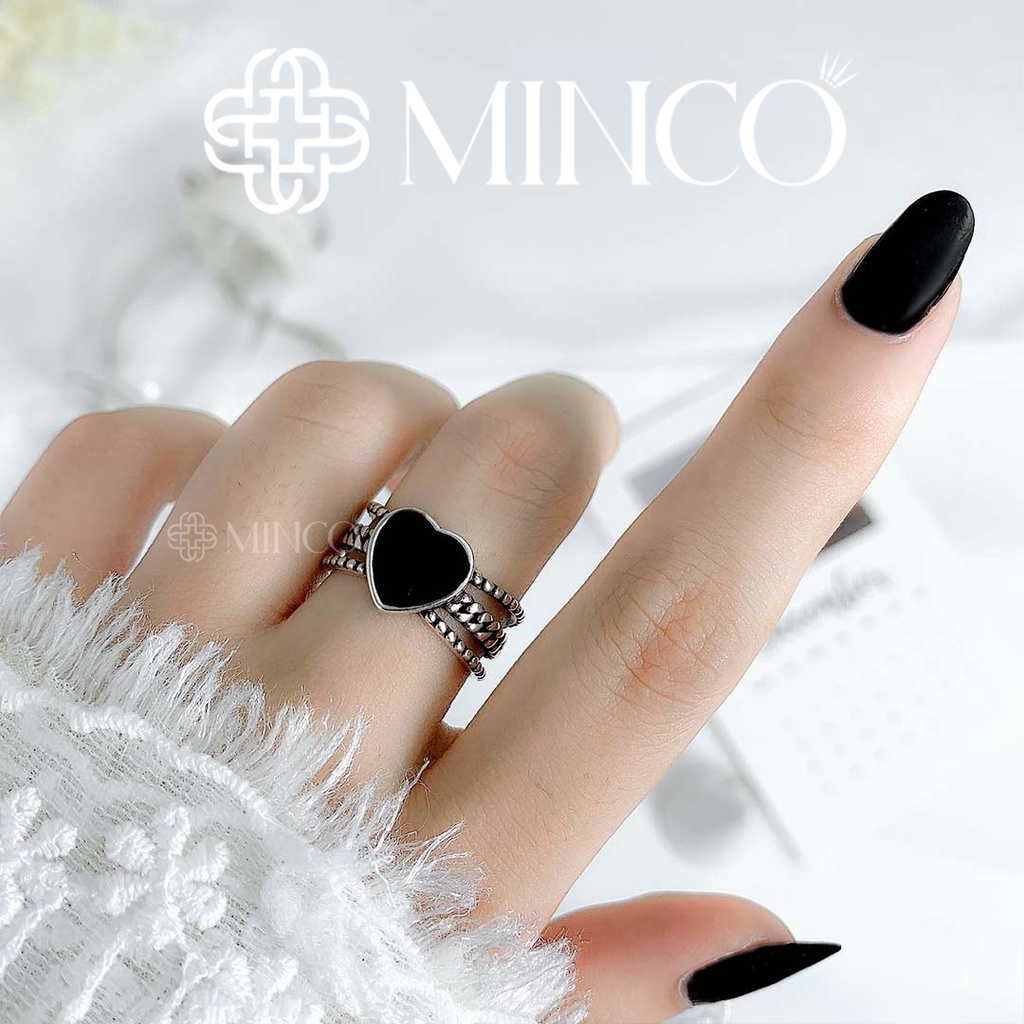 Nhẫn nữ đính đá đen trái tim phối xích Minco Accessories thiết kế free size phong cách cá tính NT102-2