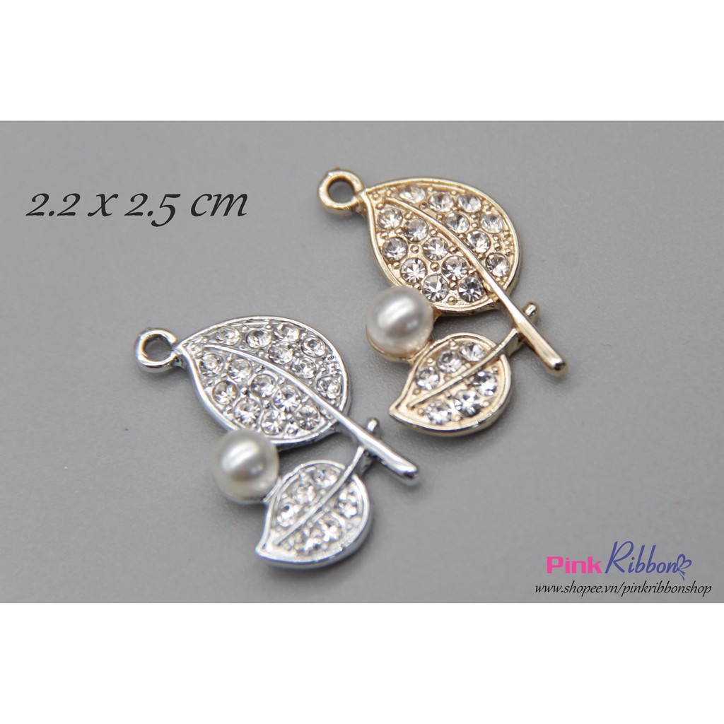 Charm hình Lá đôi nhí đặc đính đá làm phụ kiện may mặc, thời trang