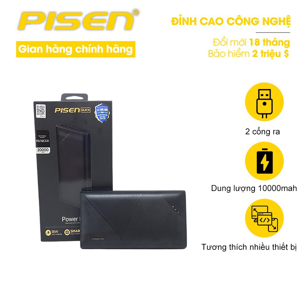 Sạc dự phòng Pisen Quick QP 20000mAh (QC/PD 18W ) - Hàng Chính Hãng