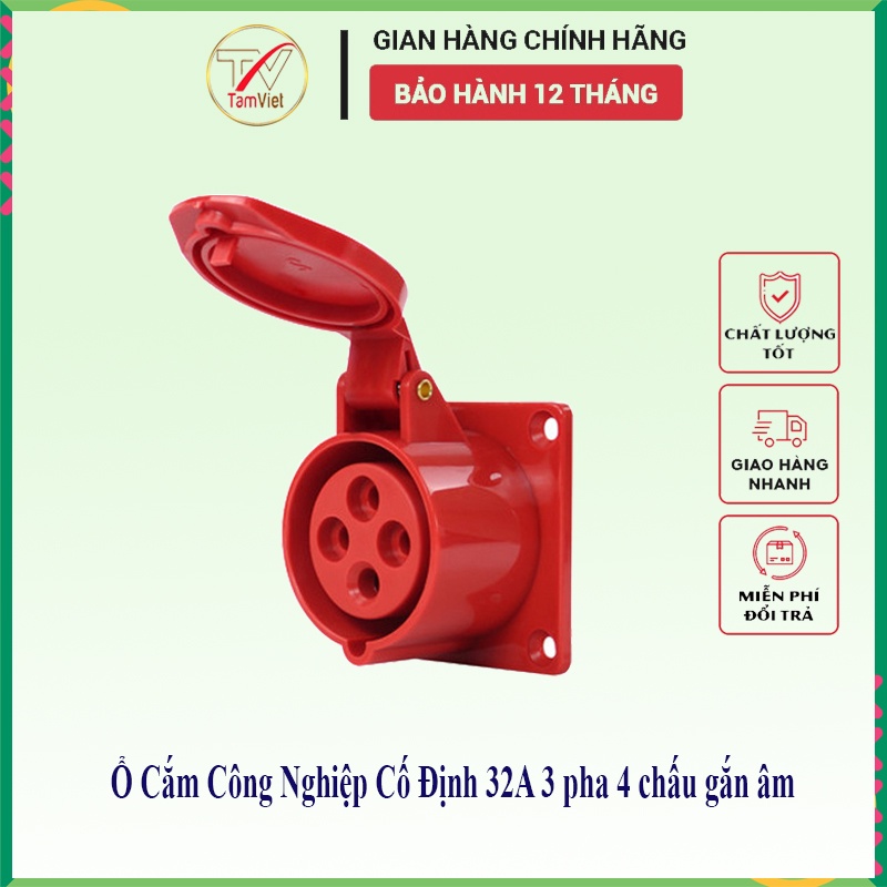 Ổ cắm công nghiệp cố định Tâm Việt, ổ cắm điện 32A 3 pha 4 chấu 380V gắn âm