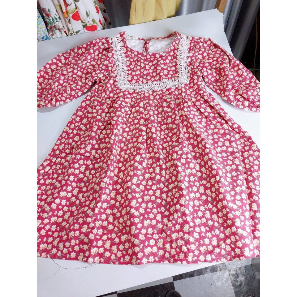 Đầm Thu Đông Cho Bé Gái Hml (10-40KG)  Hoa Nhí Ren Vuông, Váy Trẻ Em Thu Đông 1,2,3,4,5,6,7,8,9,10 Tuổi Size Đại Mã A40