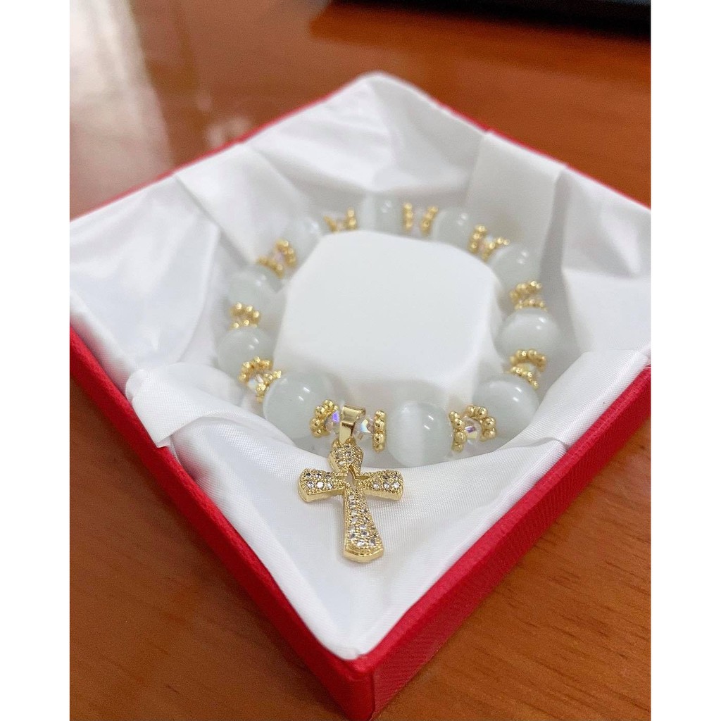 Vòng Tay, Chuỗi Mân Côi Đá Trắng Mix Thánh Giá Bạc Thái Mạ Vàng Sang Trọng