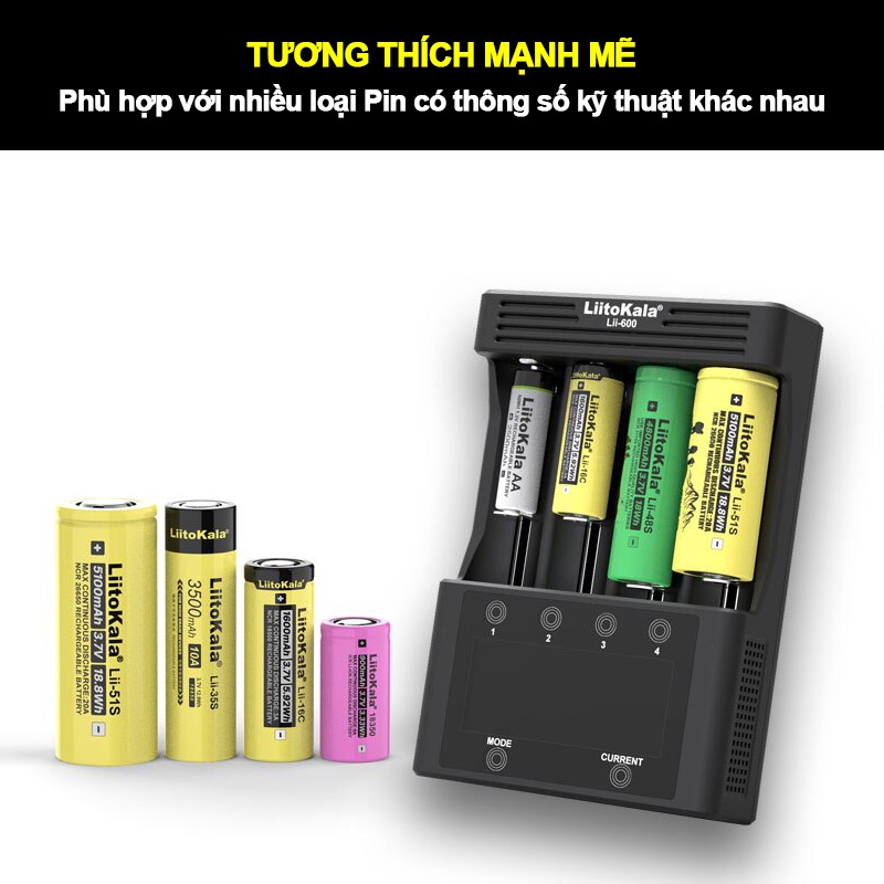 Bộ sạc và test pin đa năng Liitokala Lii-600 Pin NiMH Lithium 18650 3.7V 18350 18500 21700 25500 26650 AA AAA