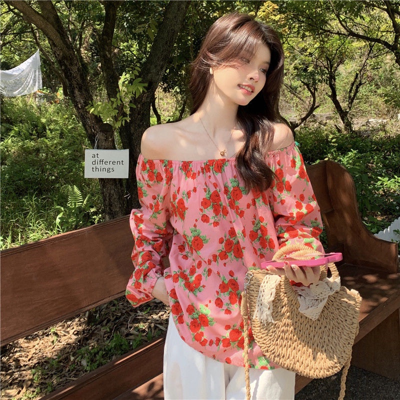 Áo Sơ Mi Nữ Trễ Vai Dáng Rộng In Hình Hoa Hồng Ngọt Ngào