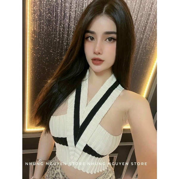 Áo len cổ yếm chéo pha màu Mã A62