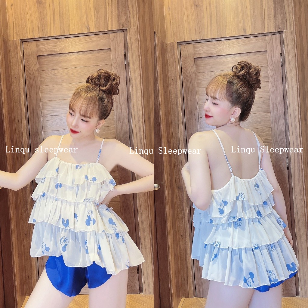 Đồ ngủ 2 dây sexy, đồ ngủ sexy chất chiffon phối satin mềm mịn mặc ngủ thoải mái Freesize - Linqu Sleepwear