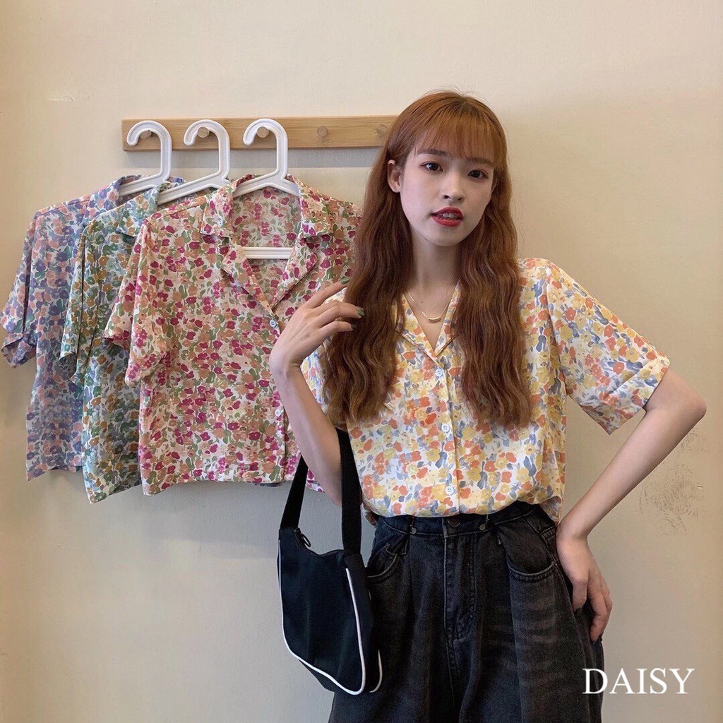 Áo sơ mi croptop ngắn tay nền hoa cổ vest Daisy chất lụa Hàn thoáng mát mã SXA507