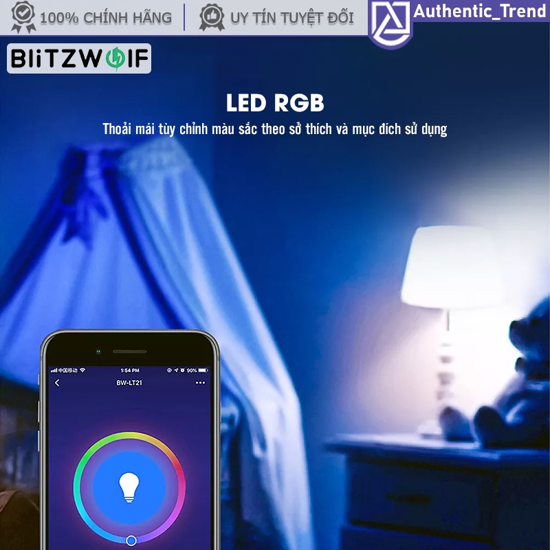 Bóng đèn LED thông minh Wifi Blitzwolf RGB + 3000K điều khiển từ xa App điện thoại hỗ trợ Google Home Alexa đuôi E27