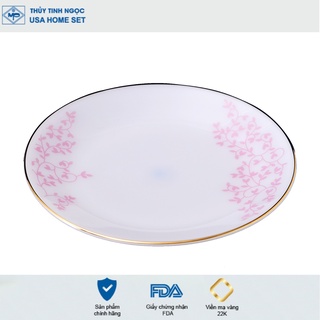 Đĩa tròn nông viền vàng 22K họa tiết hoa dây hồng Thủy Tinh Ngọc USA Homeset cao cấp nhập khẩu chính hãng