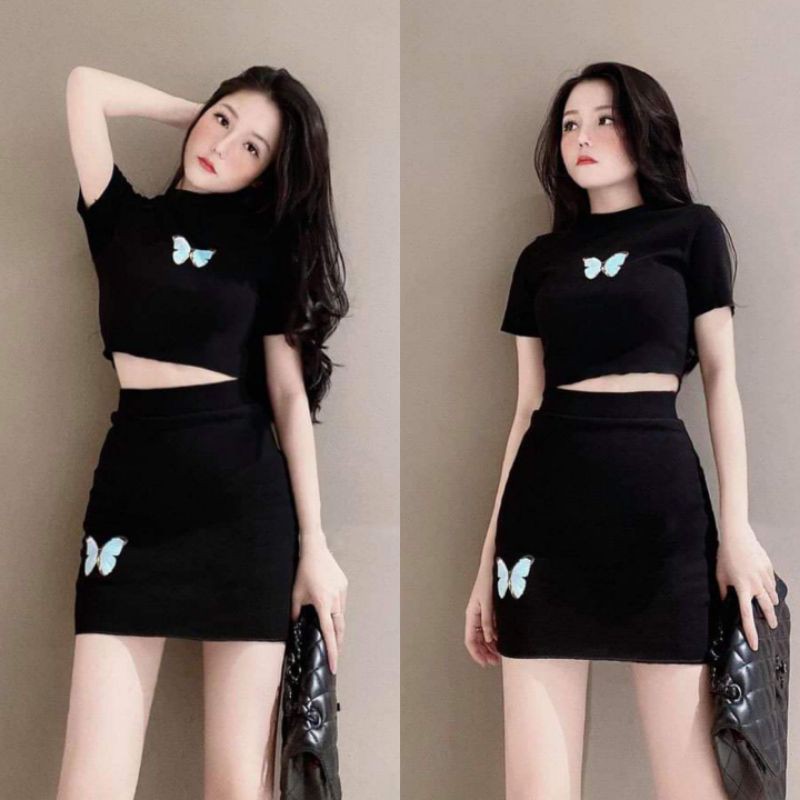 Có VIDEO SET ÁO CROPTOP CHÂN VÁY THÊU BƯỚM - A3ST