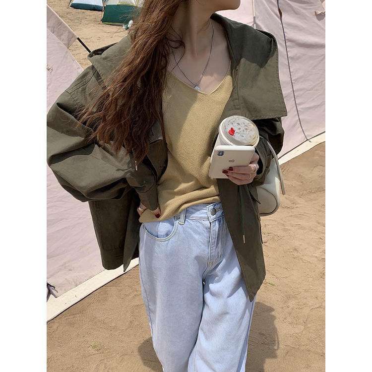 Áo khoác Kaki nữ Có mũi trùm đầu phối túi bự Hàn Quốc Áo Jacket Form rộng Dài tay Màu trơn Ulzzang Thời trang