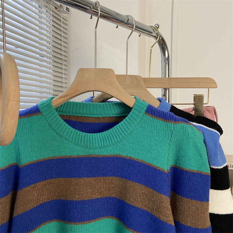 Áo Sweater Dệt Kim Tay Dài Ôm Dáng Họa Tiết Kẻ Sọc Màu Sắc Tương Phản Thời Trang Thu Đông Hàn Quốc Chất Lượng Cao