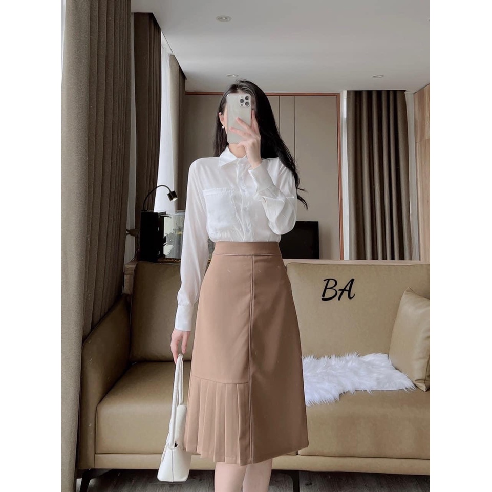 Chân váy chữ A gấu xếp li trẻ trung dài ngang gối phong cách công sở đẹp, xếp li 1 bên trần chỉ d58cm