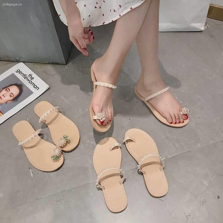 ¤►fairy style sandals female summer  new hundred Wear fashionable flip-flops and pearl flats beach slippers for women s outer