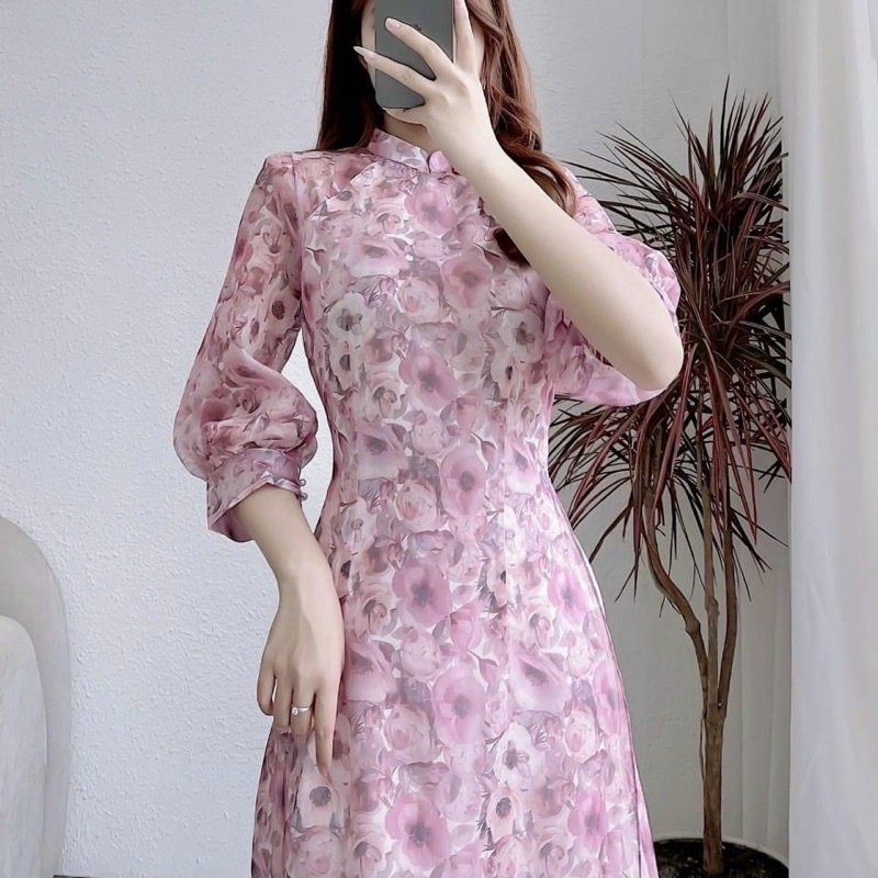Set Áo Dài Voan Tơ Hoa 4 Tà Tay Phồng Lỡ Cách Tân