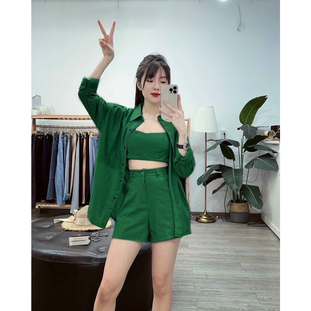 Set 3 món đi chơi đi biển áo croptop 2 dây nhún lưng quần đùi áo sơ mi form rộng tay dài chất đũi MK115