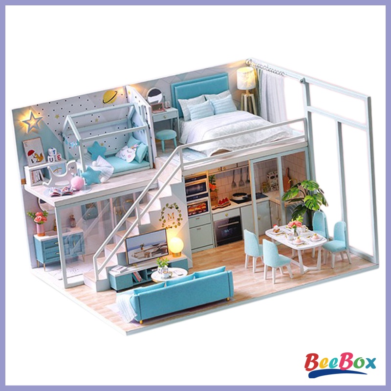 BeeBox 1/24 Scale Dollhouse Miniature DIY House Kit Blue Apartment with Furniture