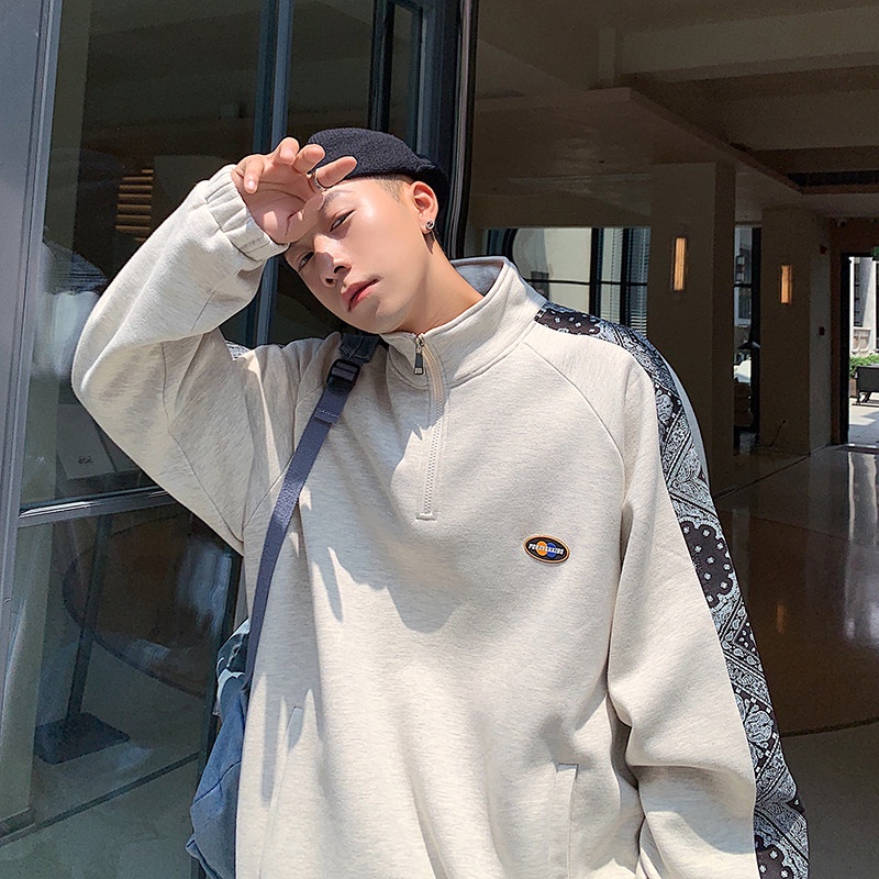 Áo khoác nỉ cổ đứng phối vải nhung họa tiết hoa có khóa kéo thời trang cho nam size M-2XL