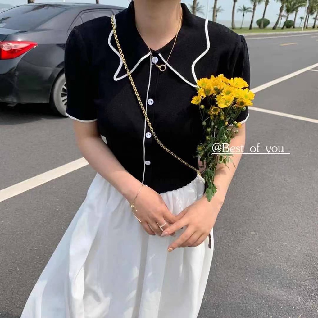 SUXI Áo Dệt Kim Tay Ngắn Phồng Cổ Polo Hàng Nút Đơn Phong Cách Hàn Quốc Hàng Mới