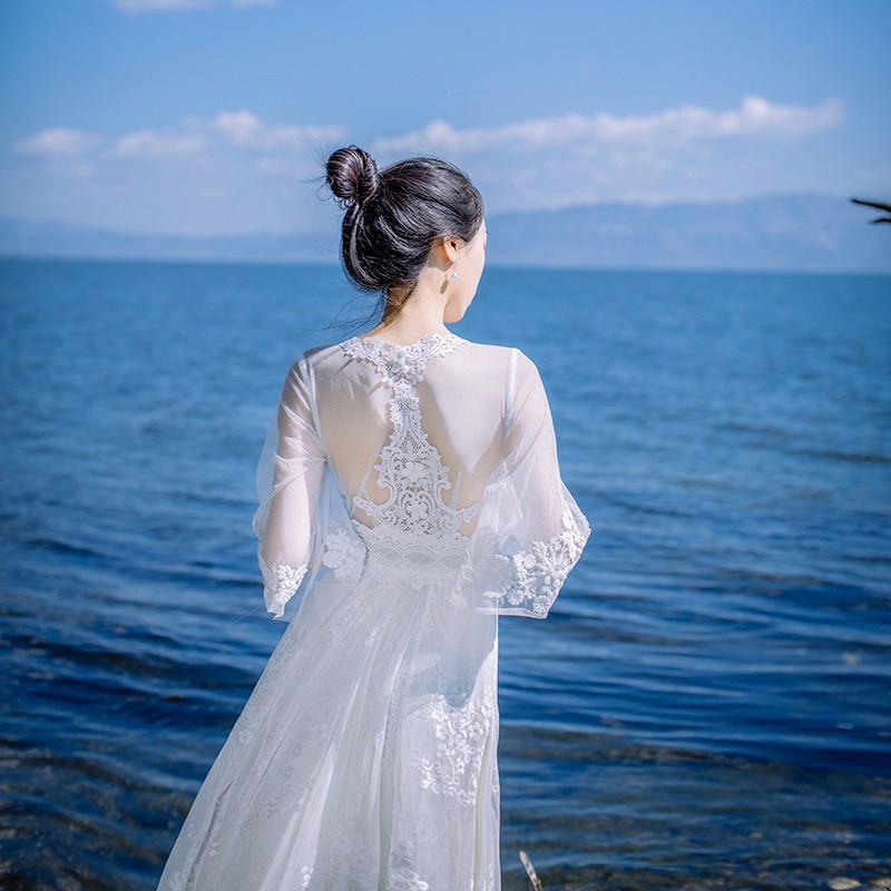 fashion New White Mesh Dress Elegant Lace Dress Seaside Resort maxi Wedding Dress 4509
