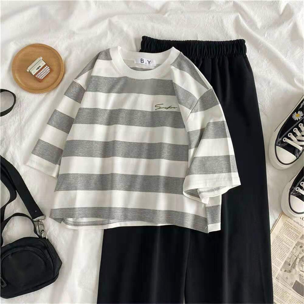 Set Áo Crop Top Sọc Đen + Quần Dài Ống Rộng Lưng Cao Thời Trang Hàn Cho Nữ | BigBuy360 - bigbuy360.vn