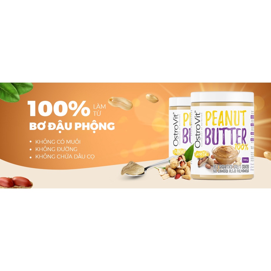 Bơ đậu phộng OstroVit Peanut Butter 100% Smooth (1000G) nhập khẩu Ba Lan - Gymstore