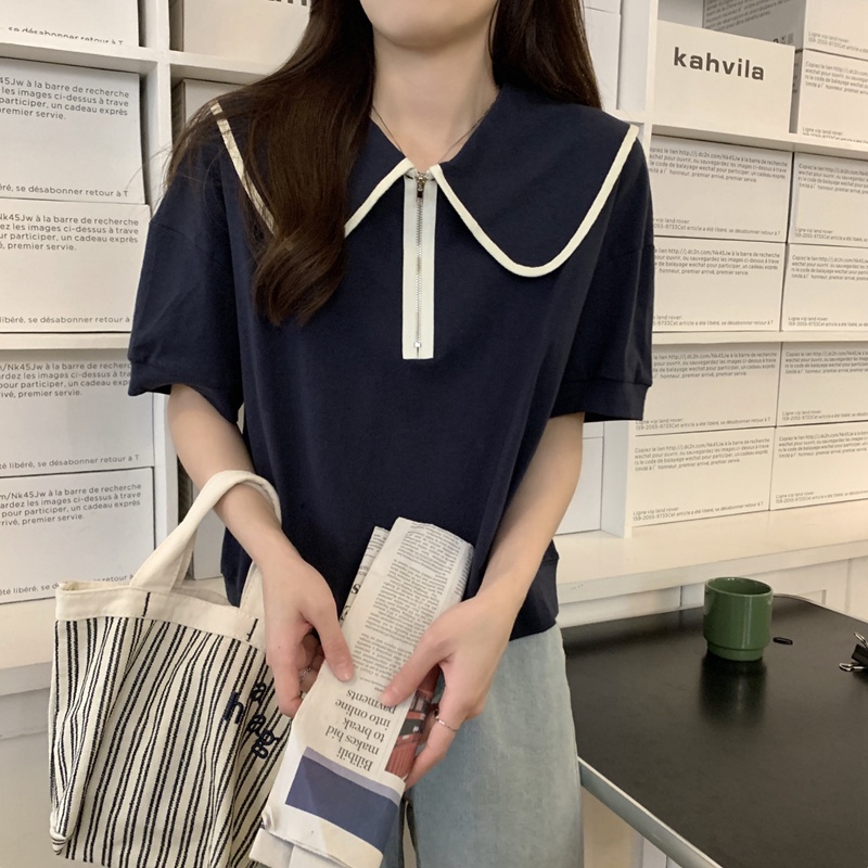 Áo Thun Ngắn Tay Dáng Rộng Cổ Bẻ Phong Cách Hàn Quốc 52183