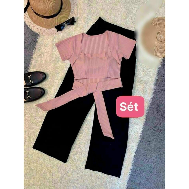 Set đồ nữ cá tính sang chảnh, set bộ quần dài ống rộng lưng cao phối áo croptop kiểu nữ ngắn tay có dây nơ eo siêu đẹp
