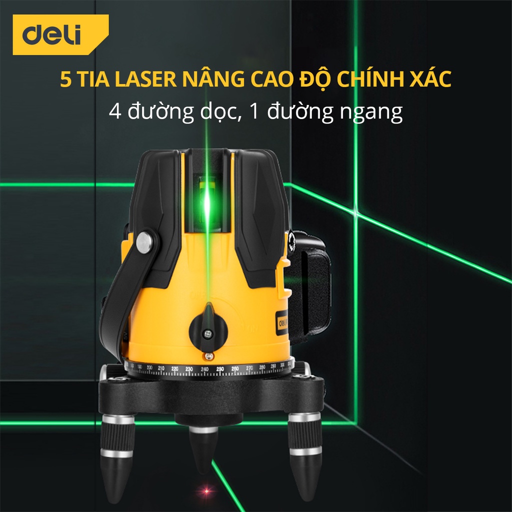 Máy Cân Bằng Laser 5 Tia Màu Xanh DELI - Chế Độ Pin Kép, Chống Nước, Chống Bụi - Đầy Đủ Phụ Kiện - Mã SP DL4163