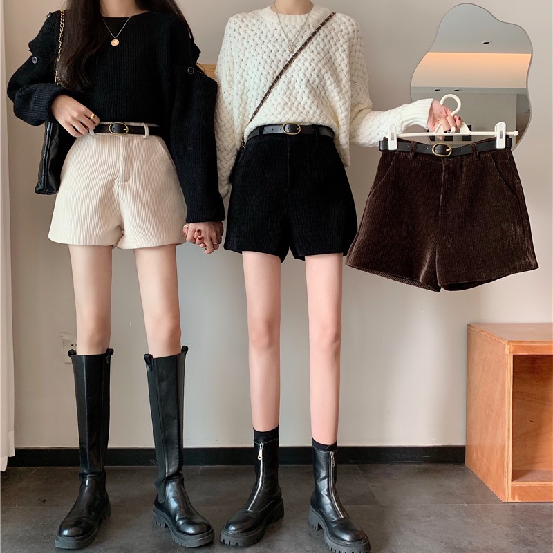 Quần short nữ cạp cao, quần short vải nhung kèm đai siêu xinh
