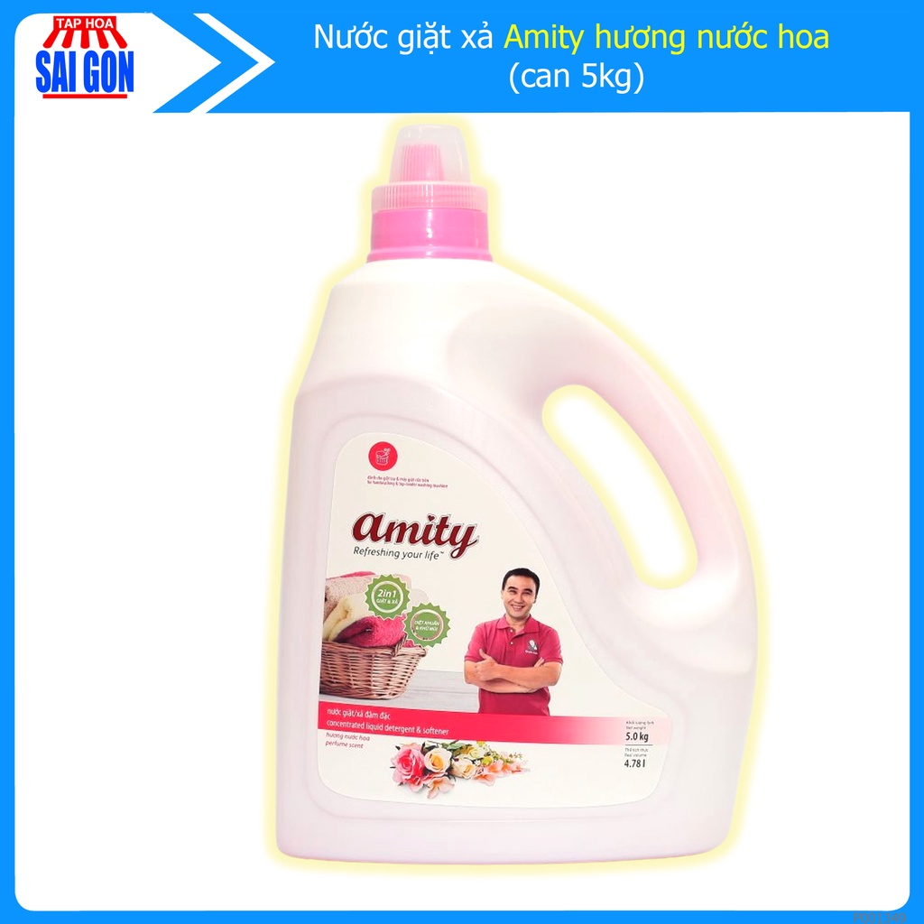 Nước Giặt Xả Amity hương nước hoa can 5kg phù hợp với mọi chất liệu vải và mang lại cảm giác an toàn cho mọi gia đình