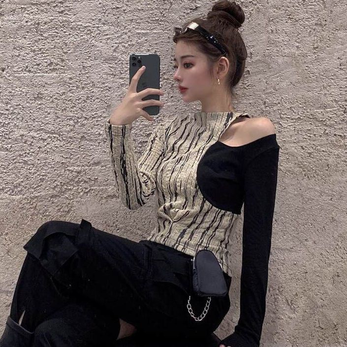 Jiashucheng Áo Tay Dài Dáng Ôm Hở Xương Quai Xanh Gợi Cảm