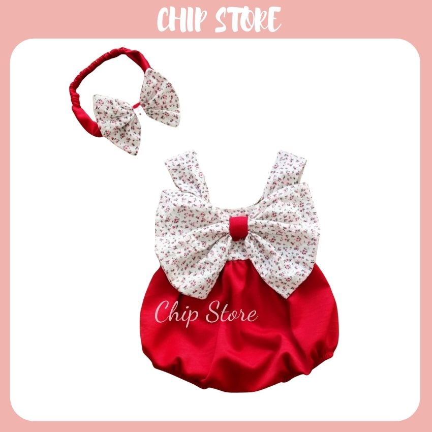 Body bé gái màu đỏ 2 dây phối nơ hoa to trước ngực sang chảnh cho bé sơ sinh - 1 tuổi CHIP STORE