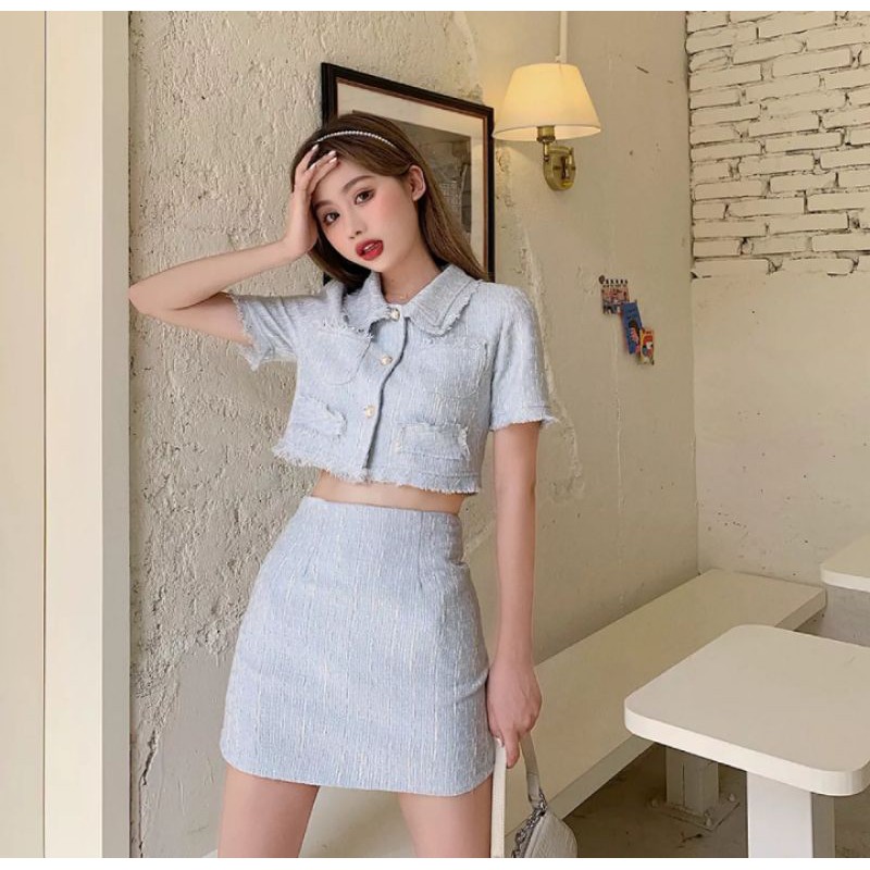 ( ORDER ) Set áo và chân váy Hàn Quốc chất liệu tweed dày dặn áo vest và chân váy lưng cao tôn dáng hack chân