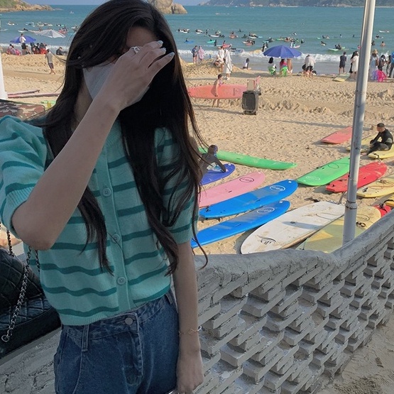 Áo cardigan ZHELIHANGFEI len cổ tròn tay ngắn phồng họa tiết kẻ sọc màu sắc tương phản thời trang