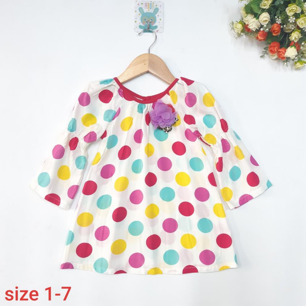 DG59-A-24- Áo tay dài bé gái, chất voan mỏng nhẹ, mát mẻ, hoa ngực, in họa tiết chấm bi, made in Việt Nam