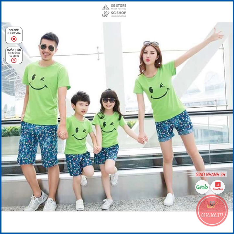 Áo gia đình mặt cười đồ đồng phục gia đình 3/4/5 người thun mềm mịn màu xanh lá GD314XL DONGPHUCSG