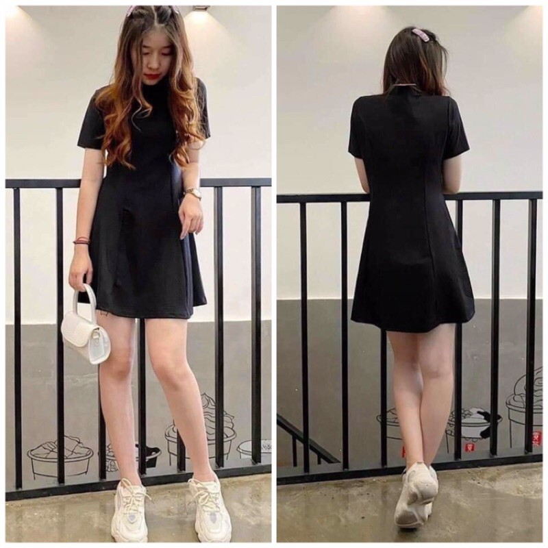 Đầm thun 8 mảnh xoè nhẹ đen hồng nude vàng