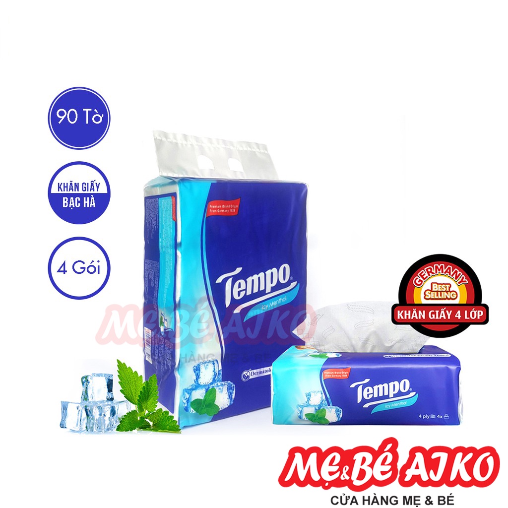 Khăn giấy gói rút 4 lớp Tempo hương Bạc Hà 90 tờ lốc 4 gói