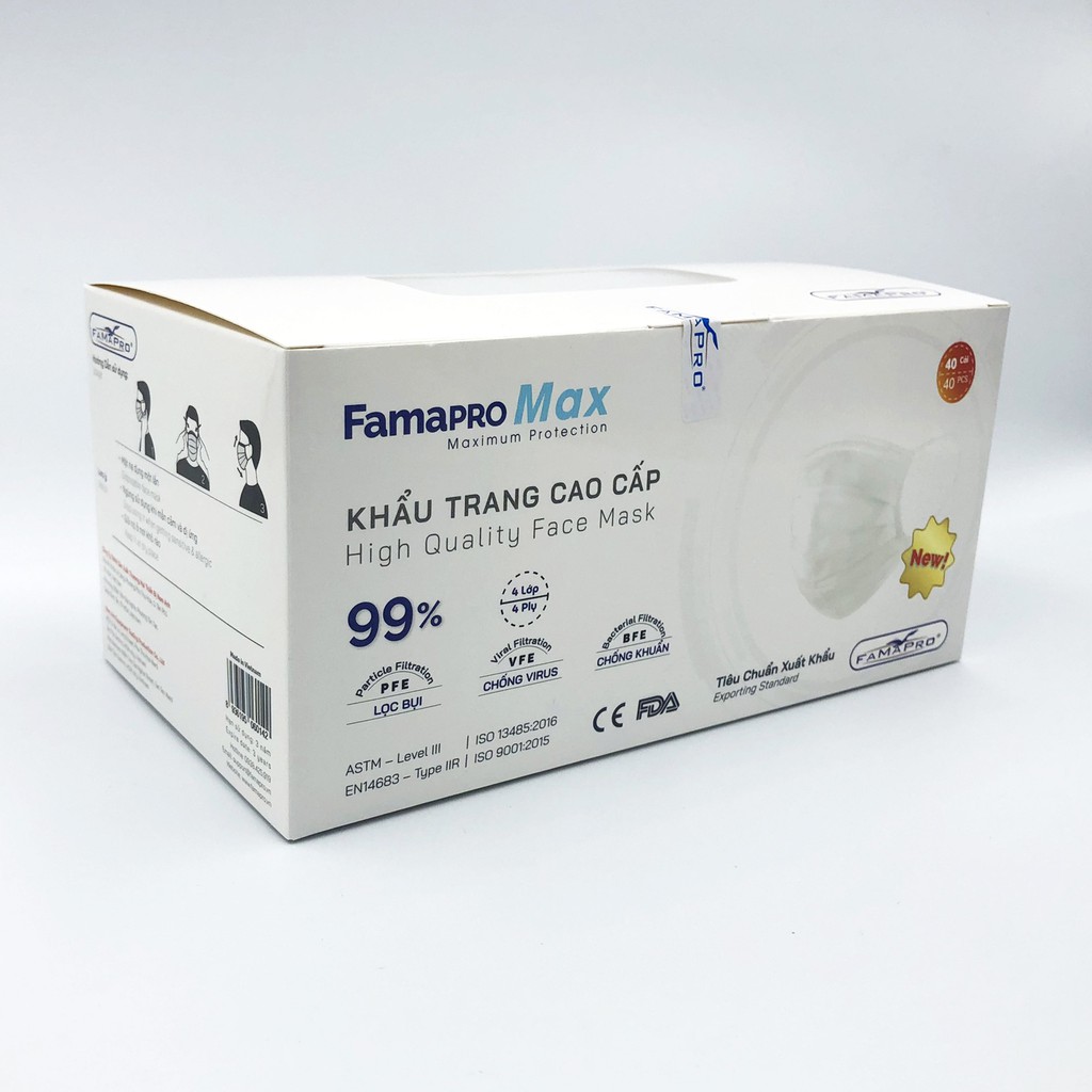 Sỉ Thùng 40 hộp Khẩu trang y tế kháng khuẩn 4 lớp cao cấp FAMAPRO MAX, hộp 40 cái chính hãng công ty Nam Anh