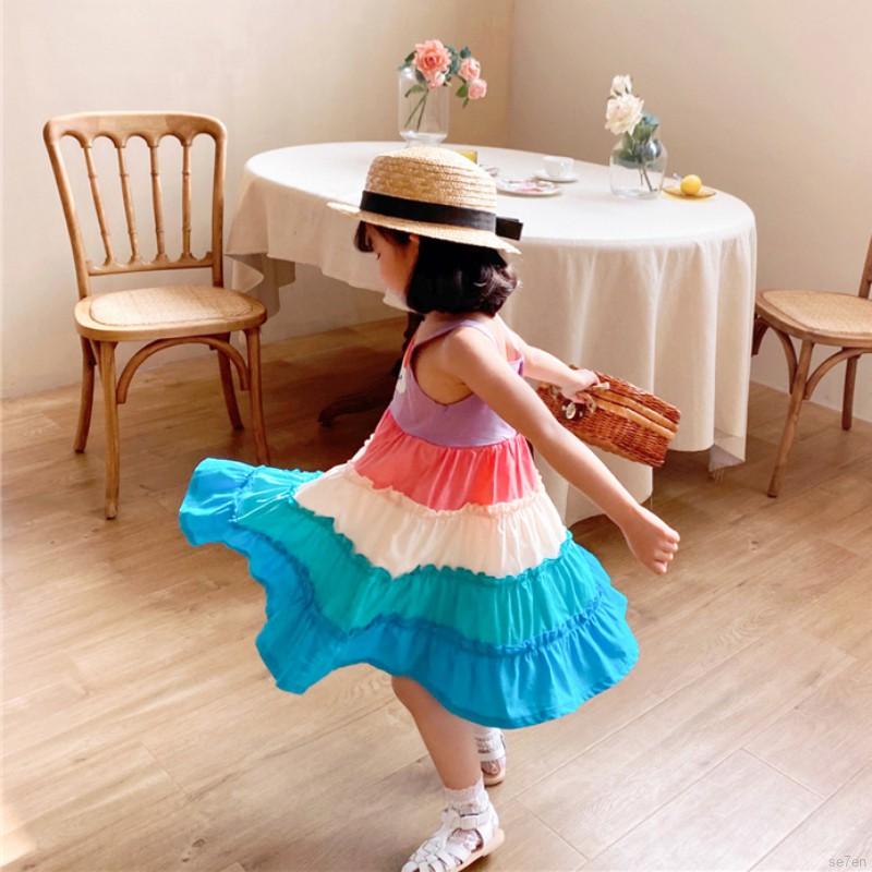 Đầm xếp ly họa tiết màu cầu vồng thời trang xinh xắn cho bé gái 1.5-4T