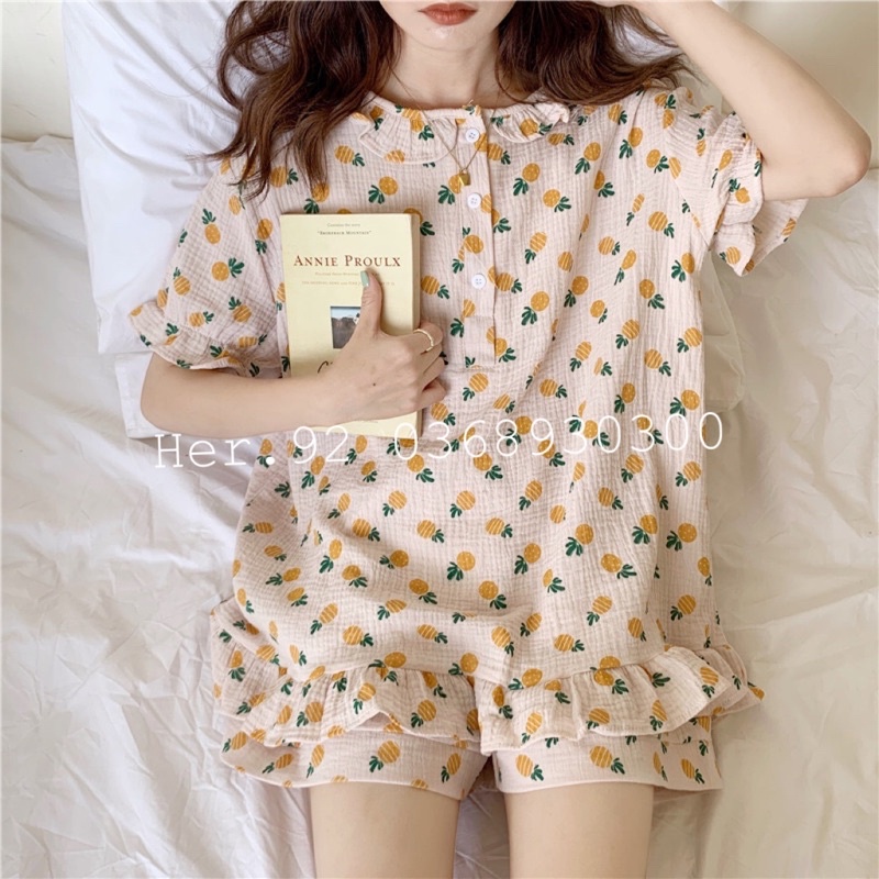 Bộ ngủ mặc nhà xinh chất đũi muslin hoạ tiết dứa siêu xinh dáng babydoll