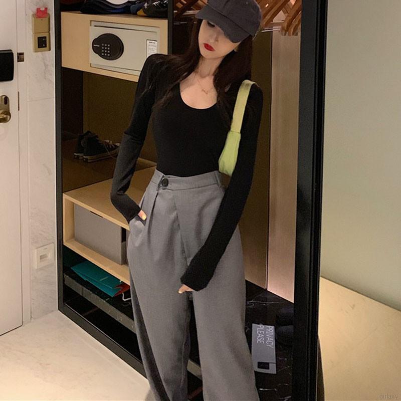 Áo cổ chữ U tay dài màu trơn phong cách Hàn Quốc trẻ trung cho nữ