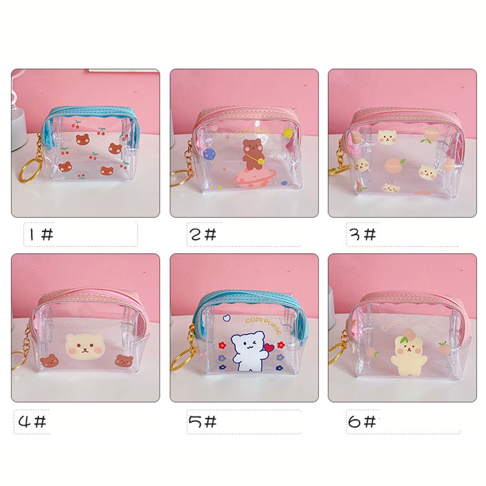 Ví Đựng Tiền Xu / Chìa Khóa / Tai Nghe / Thẻ Mini Trong Suốt In Họa Tiết Gấu / Cherry Dễ Thương Có Khóa Kéo Cho Nữ