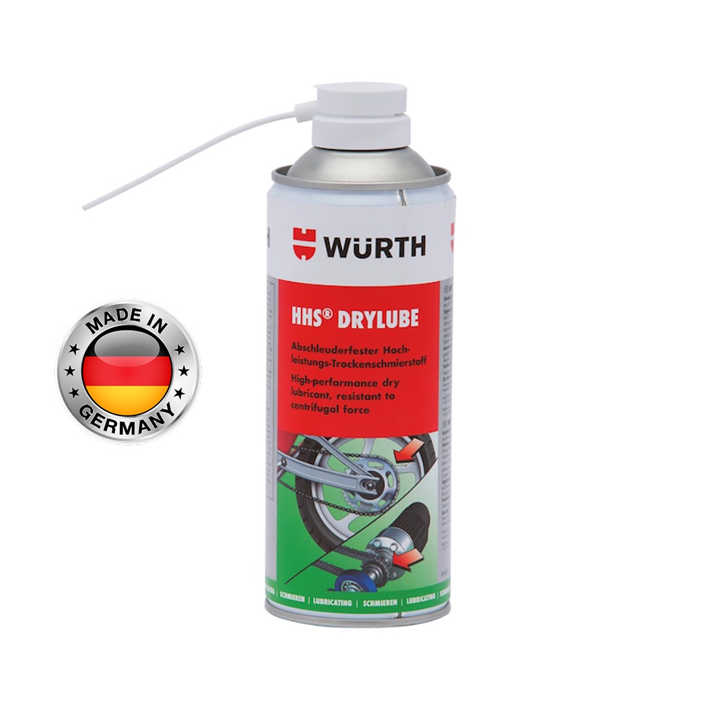 Mỡ Bò Khô dạng xịt Bôi Trơn Sên Xe, Xích Truyền Động, Khớp Nối, Bản Lề Wurth HHS Drylube chai 400ml Nhập Khẩu Chính Hãng