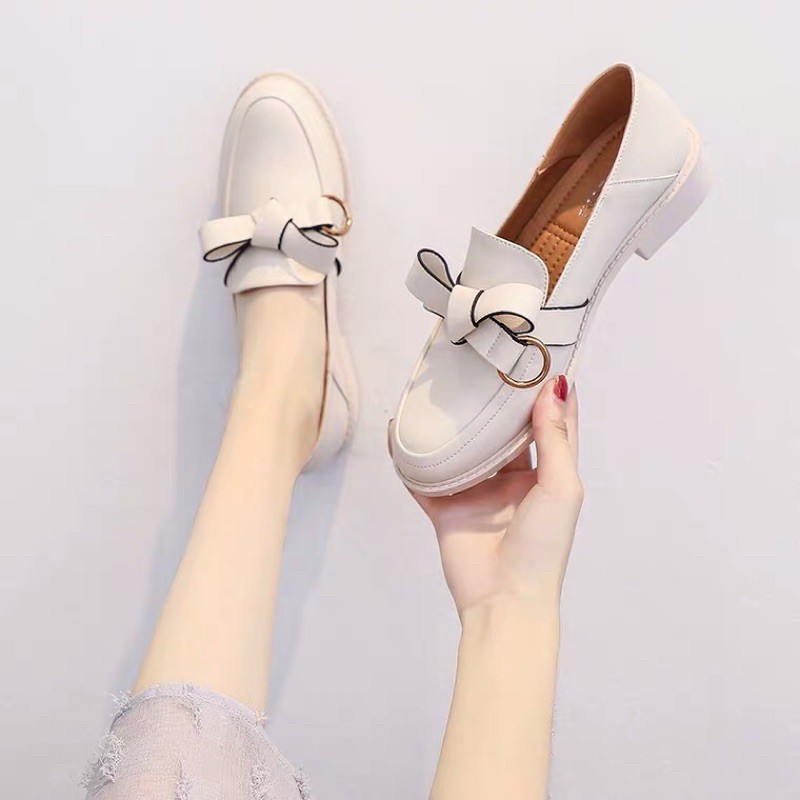Giày Loafer Nữ Búp Bê, Giày Lười Mũi Tròn Dẻo Da Mềm Trang Trí Nơ Xinh Xắn